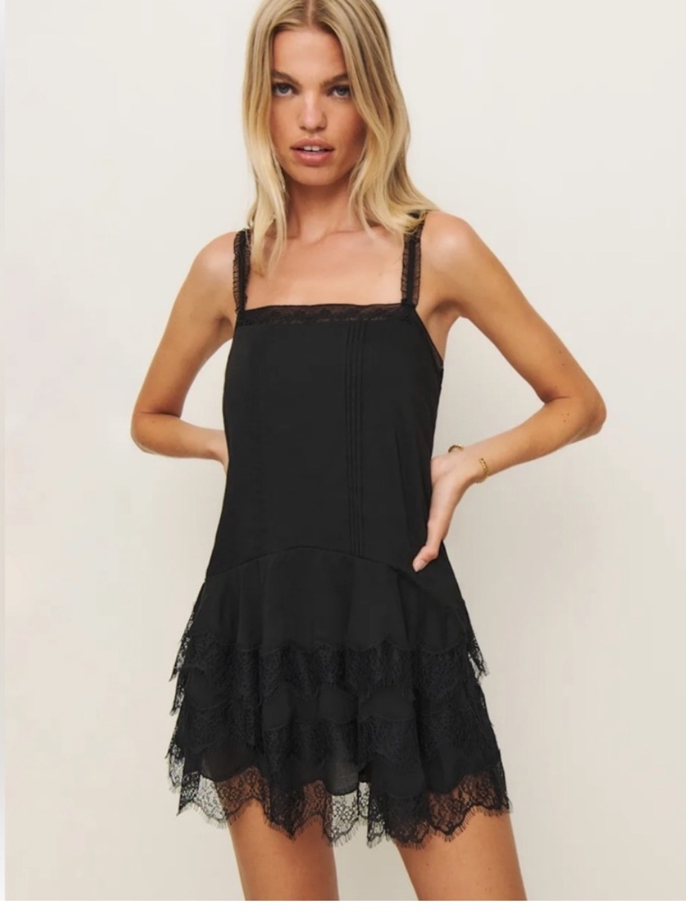 Reformation Black Lace-Tiered Square Neck Mini Dress